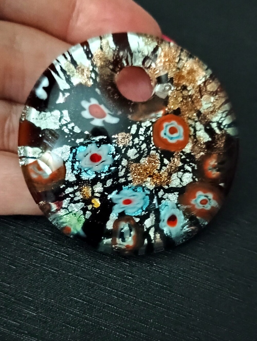 Handmade Black Glass Pendant with Blue and Orange Millefiori Accents